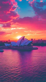 Sydney Opera House under neon magenta sunset sky glow.