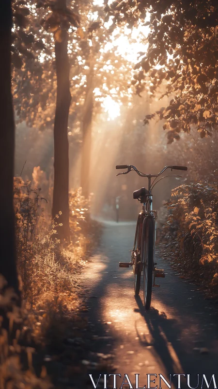 Bicycle Path Through Autumn Forest in Golden Hour Light.