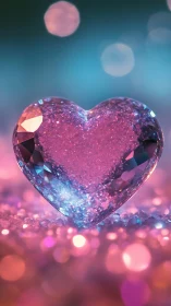 Glowing crystal heart sparkling with dreamy pastel light.