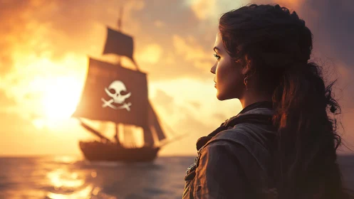 Cinematic digital portrait of pirate woman and sunset brigantine.