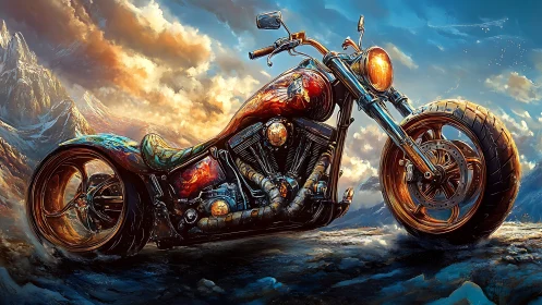 Chromed custom chopper dominates a hyperreal alpine horizon