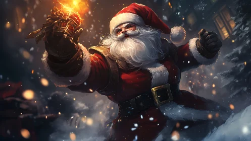 Dynamic warrior Santa clutching fiery gauntlet in snowstorm