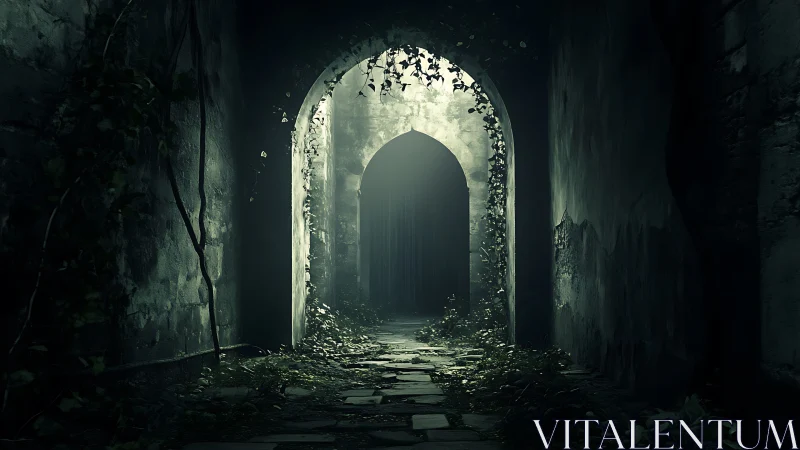 Whispering ivy portal in a forsaken stone corridor dreamscape.