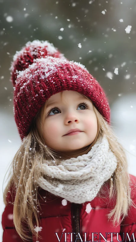Young child in winter attire with snow crystallization and atmospheric depth of field rendering
