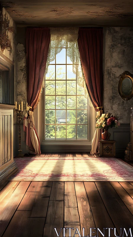 Sunlit vintage parlor welcomes morning through tall window