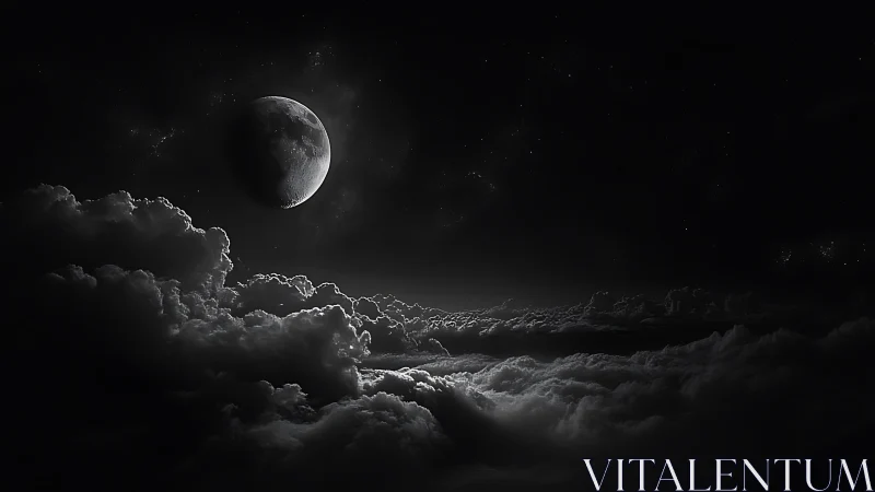 Monochrome crescent moon positioned above dense cloud layers