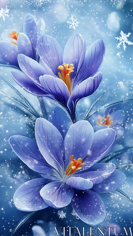 Purple Crocuses with Frozen Snowflakes in Dynamic Winter Botanical Composition