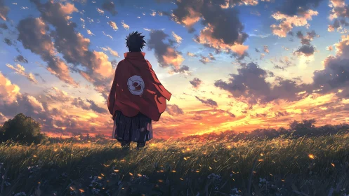 Solitary cloaked figure observes illuminated grassland sunset