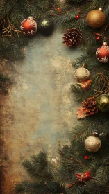 Vertical fir branches frame ornaments on textured surface