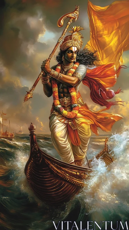 Divine warrior guiding ornate boat through stormy sea.