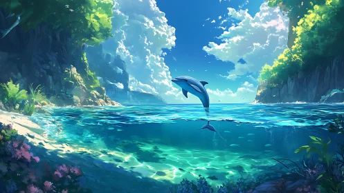 Joyful dolphins leap through sunlit tropical cove waters