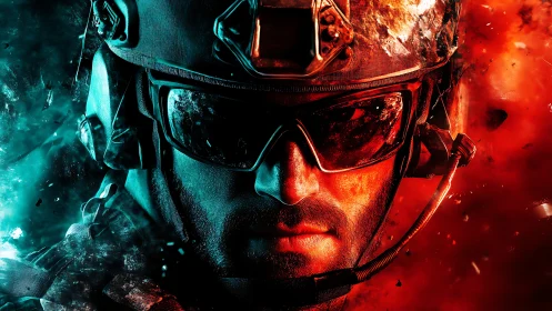 Tactical soldier portrait with split cyan red explosive lighting