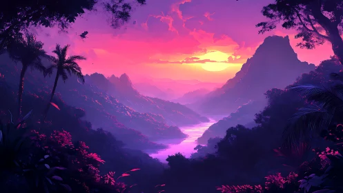 Sunset illuminates layered tropical valley with central river