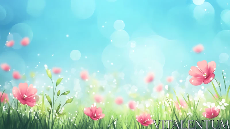 Pink flowers in green field with blue sky and bokeh.