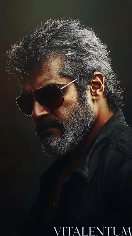 Weathered cool: silver-haired rebel in shadowed glow.