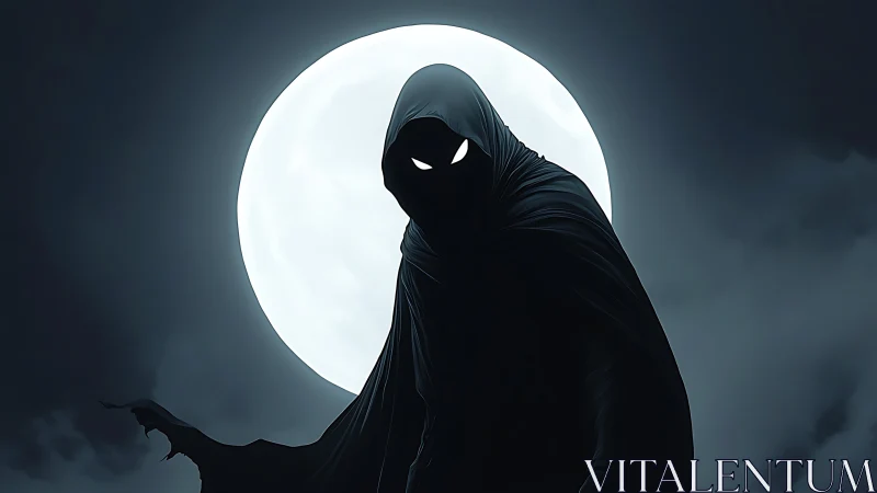 Cloaked silhouette with glowing eyes eclipses full moon backlight