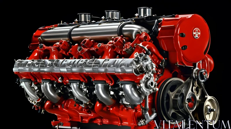 Highly Detailed Red and Silver V12 Engine on Black Background.