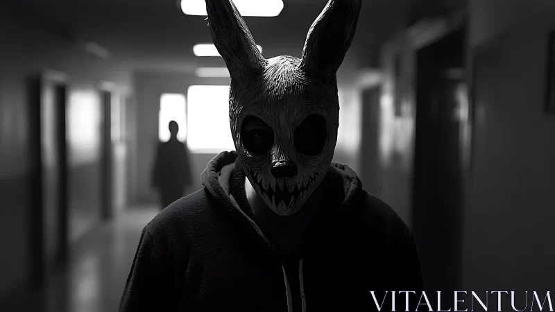 Masked figure stalks a dim hallway in chilling monochrome