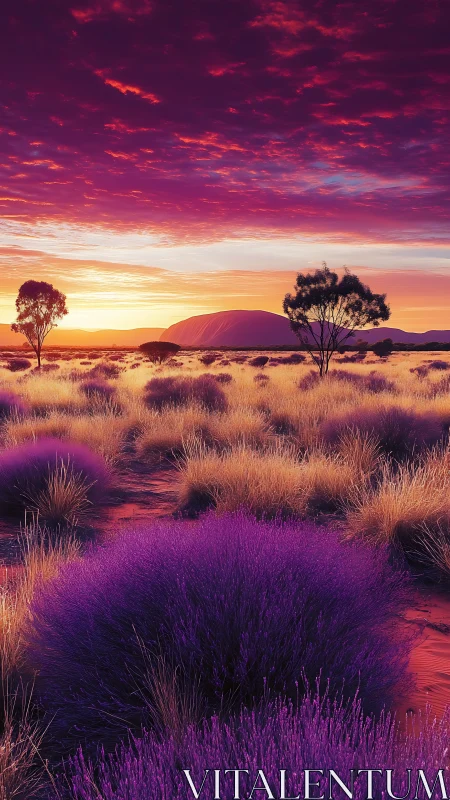 Vibrant desert sunset illuminates purple scrub landscape