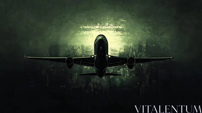 Futuristic airliner silhouette over neon-tinged night metropolis.