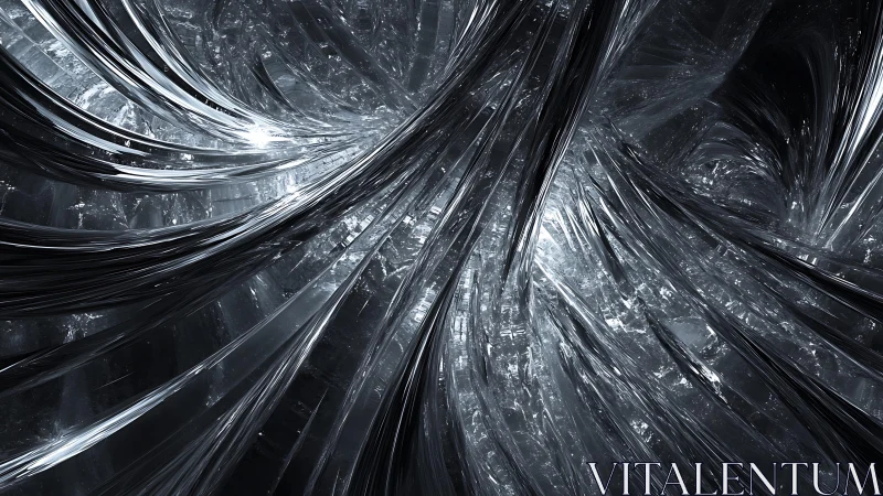 Abstract metallic vortex with silver and black digital art style.