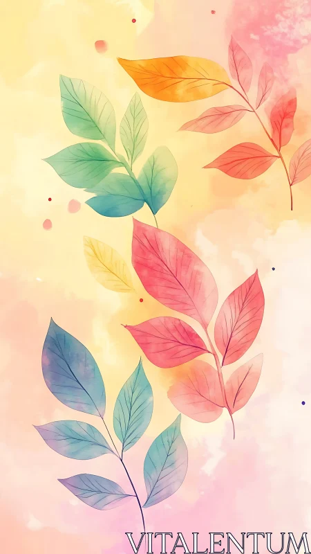 Gentle watercolor leaves drifting through pastel light.