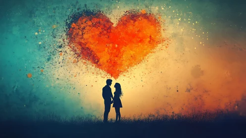 Couple Beneath Exploding Heart in Sunset Silhouette