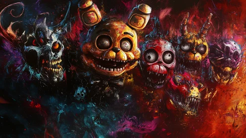 Grotesque animatronic skulls emerge from chaotic pigment blaze