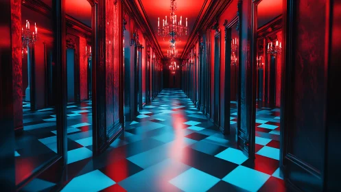 Crimson mirror corridor under neon chandeliers of illusion.