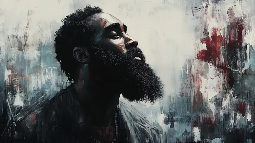 Bearded man profile in expressive abstract oil portrait.