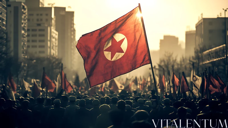 North Korean flag over dense urban crowd at sunset.