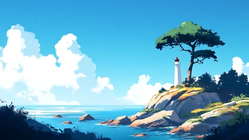 Lighthouse on Rocky Coastal Cliff with Sea View.
