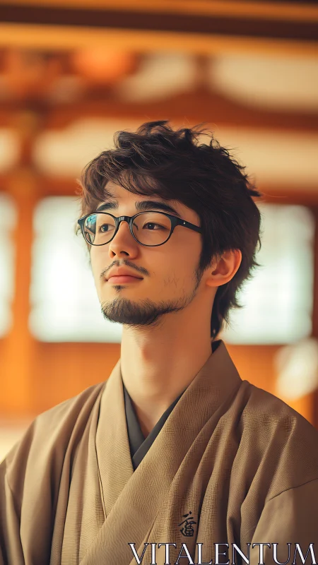Calm young man in glasses enjoys a quiet, temple-like moment