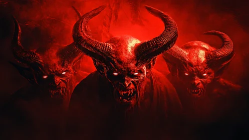 Three blazing demon lords storm forward through molten dusk