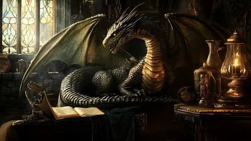 Coiled dragon studies arcane texts in warm, low-key candlelight