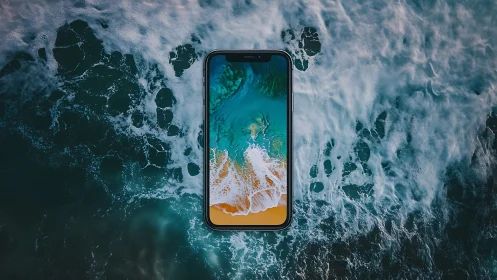 Smartphone with ocean wallpaper centered over sea surface.