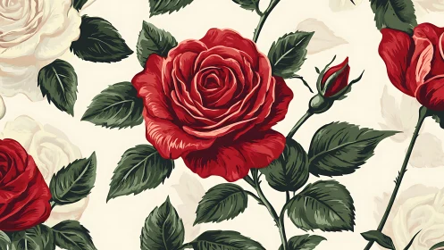 Vector illustration presents repeated red and white rose stems