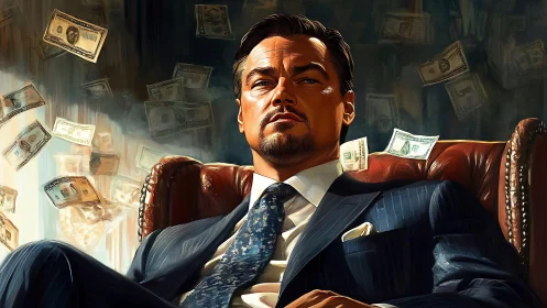 Confident boss in a storm of flying money and bold color.