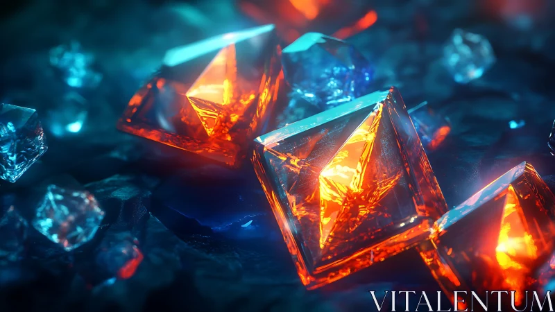 Luminous orange crystals glow over cool cyan shards.