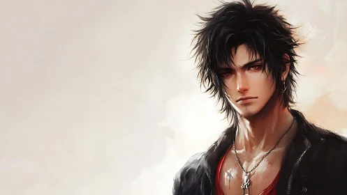High-contrast anime portrait shows tousled-haired man in leather jacket