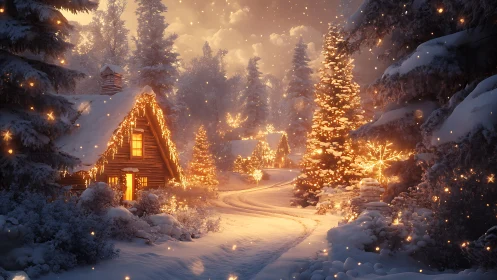 Snowy cabins with warm Christmas lights at dusk.