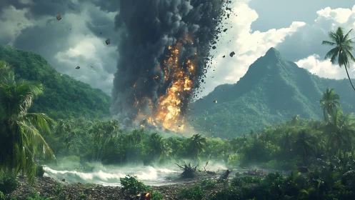 Volcanic firestorm erupting above lush tropical coastline.