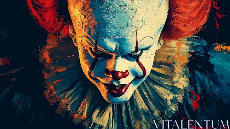 Sinister clown portrait in vivid splatter color palette.