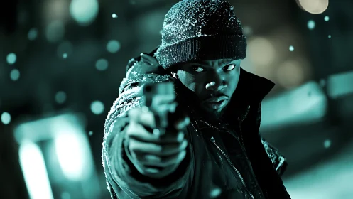 Man aiming handgun in snowy night urban setting.