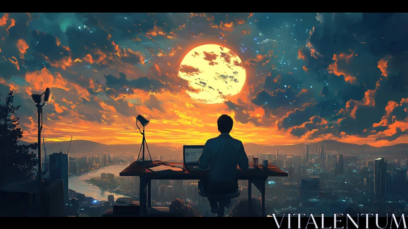 Lone creator works at dusk beneath a colossal glowing moon.