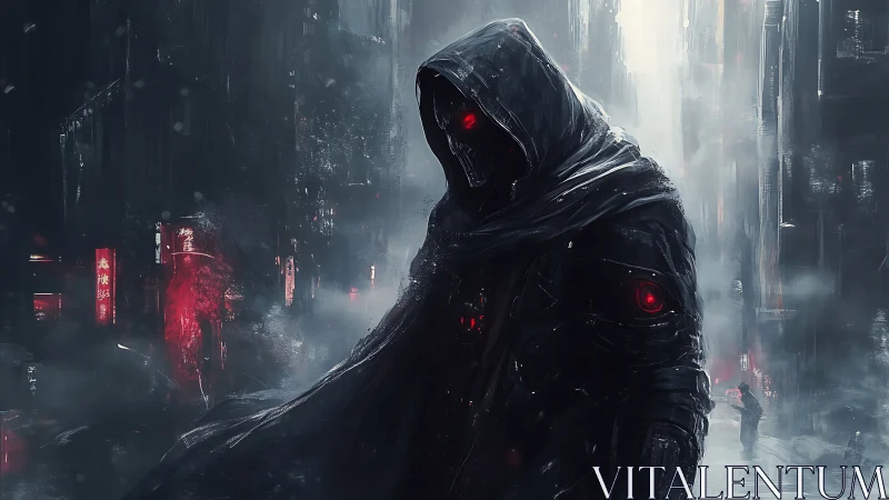 Shrouded cyber assassin in neon drenched winter alleyway.