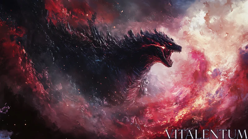 Cosmic inferno leviathan roaring through crimson nebulae.