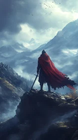 Armored figure stands on rocky cliff facing snow-covered mountains