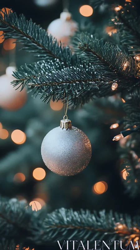 Silver bauble on evergreen branch with warm bokeh lights.