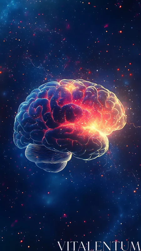 Luminous digital brain floating inside cosmic starfield.